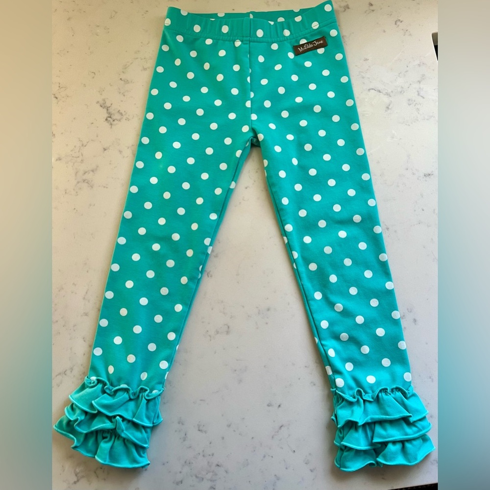 Matilda Jane teal blue white polka dot ruffle bottom pants size 4 girls